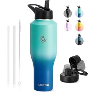 COKTIK Water Bottle Insulated, 40 oz Water Bottles Straw Lid, Spout Lid, Cold for 36 Hrs, Hot for 18 Hrs, Cup Holder Friendly Leakproof (Blue Waves)