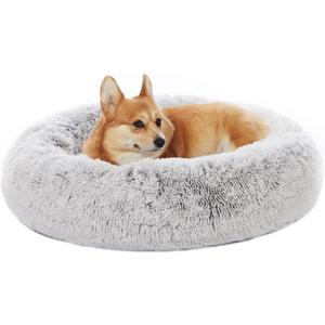 Bedfolks Calming Donut Dog Bed, 30 Inches Round Fluffy Dog Beds for Medium Dogs, Anti-Anxiety Plush Dog Bed, Machine Washable Pet Bed (Light Grey, Medium)