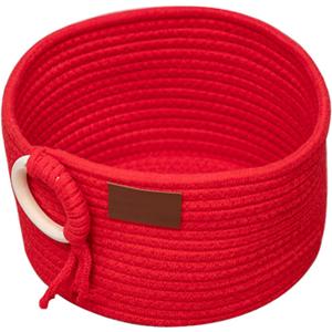 Red Cotton Rope Storage Basket with Wooden Ring & PU, 9.84 * 9.84 * 5.91 Inches, Organizer for Home & Office