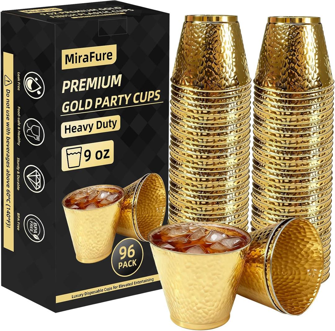 96-Pack Gold Hammered Plastic Party Cups 9oz, BPA-Free Leakproof Disposable Cups, Premium Elegant Drinkware for Weddings Birthdays Holidays Gatherings