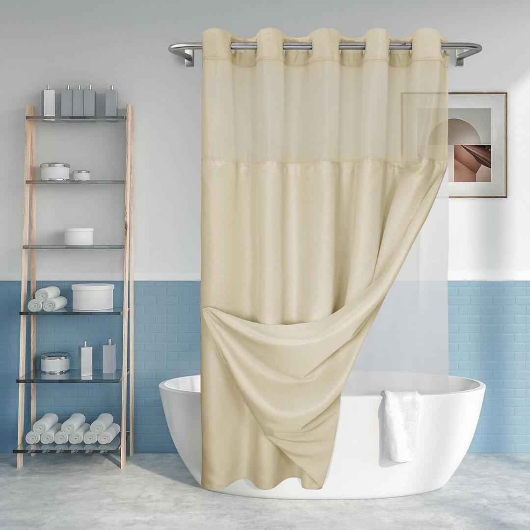 No Hook Slub Textured Shower Curtain with Snap-in PEVA Liner Set , Hotel Style Beige Shower Curtain with See Through Top Window, Machine Washable & Water Repellent, Linen, 60x60