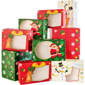 JOYIN 24PCS Christmas Cookie Boxes for Gift Giving, 8.75" x 5.75" x 2.75" Xmas Holiday Bakery Treat Boxes with Window, Kraft Cookie Tin Containers Box for Baked Goods, Cupcake, Pastry, Candy, Doughnut (Christmas Bright Color)