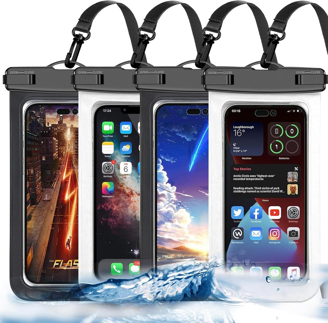 4 Pack Black White Universal Waterproof Phone Pouch, Large Phone Waterproof Case Dry Bag,Protection Level: IP68,Outdoor Sports for Apple iPhone,Samsung,and More,(Fits Up to 8.3),Black,White