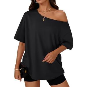 Trendy Queen Womens Off The Shoulder Tops Oversized T-Shirts Short Sleeve Tees Summer 2026 Casual Spring Fashion Clothes, XS