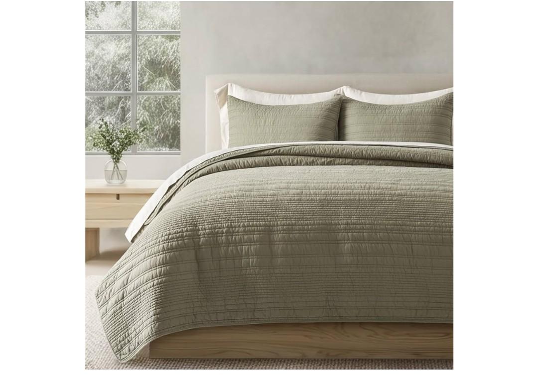 EVERGRACEHOME 100% Cotton Modern Lines Quilt Set Queen Size, Pre-Washed Soft Striped Coverlet Bedspread, 3 Piece Lightweight Bedding Set for All Season, with 2 Pillow Shams, Light Sage
