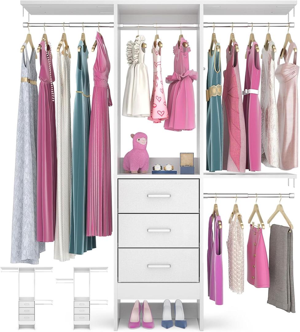 Besiost 4FT Small Closet System with 3 Fabric Drawers, 48'' Closet Organizer System With 3 Adjustable Shelves, Flexible Built-In Clothes Garment Rack for Small Space, 48" L x 13" W x 71" H, White