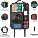 LUCMO Car Backseat Organizer with Tablet Holder,6 Storage Pockets Car Storage Organizer with Foldable Food Tray,Protectors Kick Mats Travel Accessories-Black