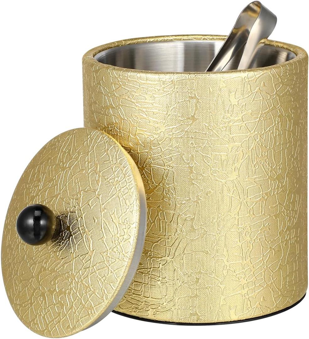 Ice Bucket with Lid 2.8L Double Wall Stainless Steel Keeps Cold Longer Easter Party, Insulated Gold Ice Bucket with Tong and Strainer for Parties Cocktail bar, Wine (18.5X14CM)