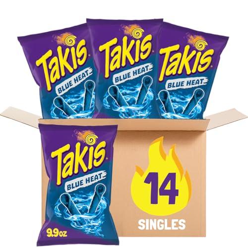 Takis Blue Heat Rolled Tortilla Chips, Hot Chili Pepper Flavored, Multipack Box with 14 Bags of 9.9 Ounces exp 02/26