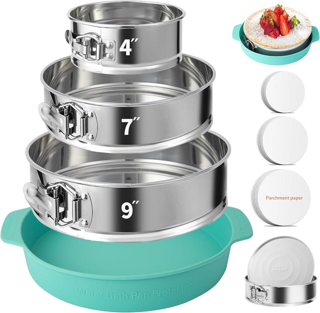 4, 7, 9 Inches Springform Pan Set of 3304 Stainless Steel Nonstick Springform Cake Pan Set with Removable Bottom, 10 Inch Leakproof Silicone Cheesecake Pan Protector with 60 Pcs Parchment Paper