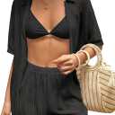 Milumia Women's 2 Piece Cover Ups Set Short Sleeve Open Front Hollow Out Swimsuit Coverup with Shorts (Medium, Black)