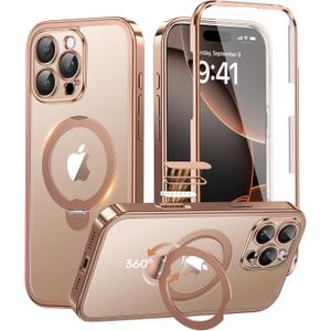 BERFY for iPhone 16 Pro Max Case with 360Spin Magnetic Stand, [Built in Glass Screen Protector & Stand Ring], Full-Body Plating Shockproof Case for 16 ProMax 6.9", Rose Gold