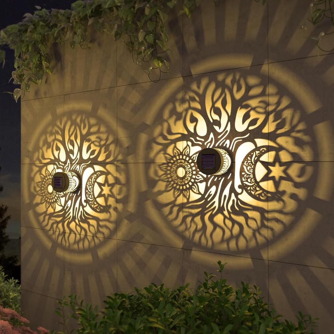 gardencave 2 Pack Solar Fence Lights Metal Solar Powered Outdoor Wall Deck Step Lights Tree Theme Waterproof Fence Light for Garden Post Patio Backyard Yard Decor (Tree, 2 Pack)