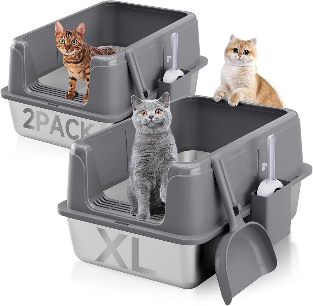 Stainless Steel XL Cat Litter Box for Cats, High-Sided Design Prevents Urine Leakage, Non-Stick, Easy to Clean, Includes Scoop, Grey