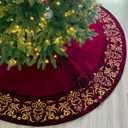 72-Inch Victorian Velvet Christmas Tree Skirt with Gold Damask Embroidery and Plush Lace Ties, Burgundy