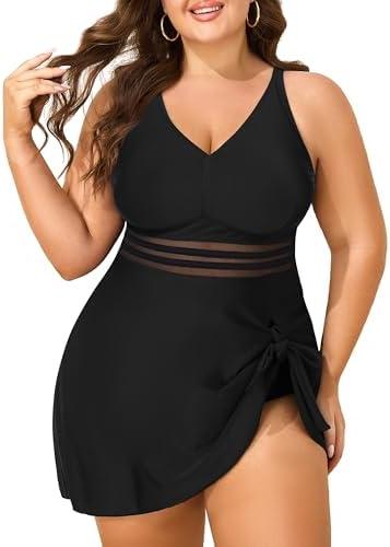 SOTHEA Women's Plus Size Tankini Swimsuits Mesh Two Piece Swim Dress Criss Cross V Neck Swimwear with Briefs 18 W