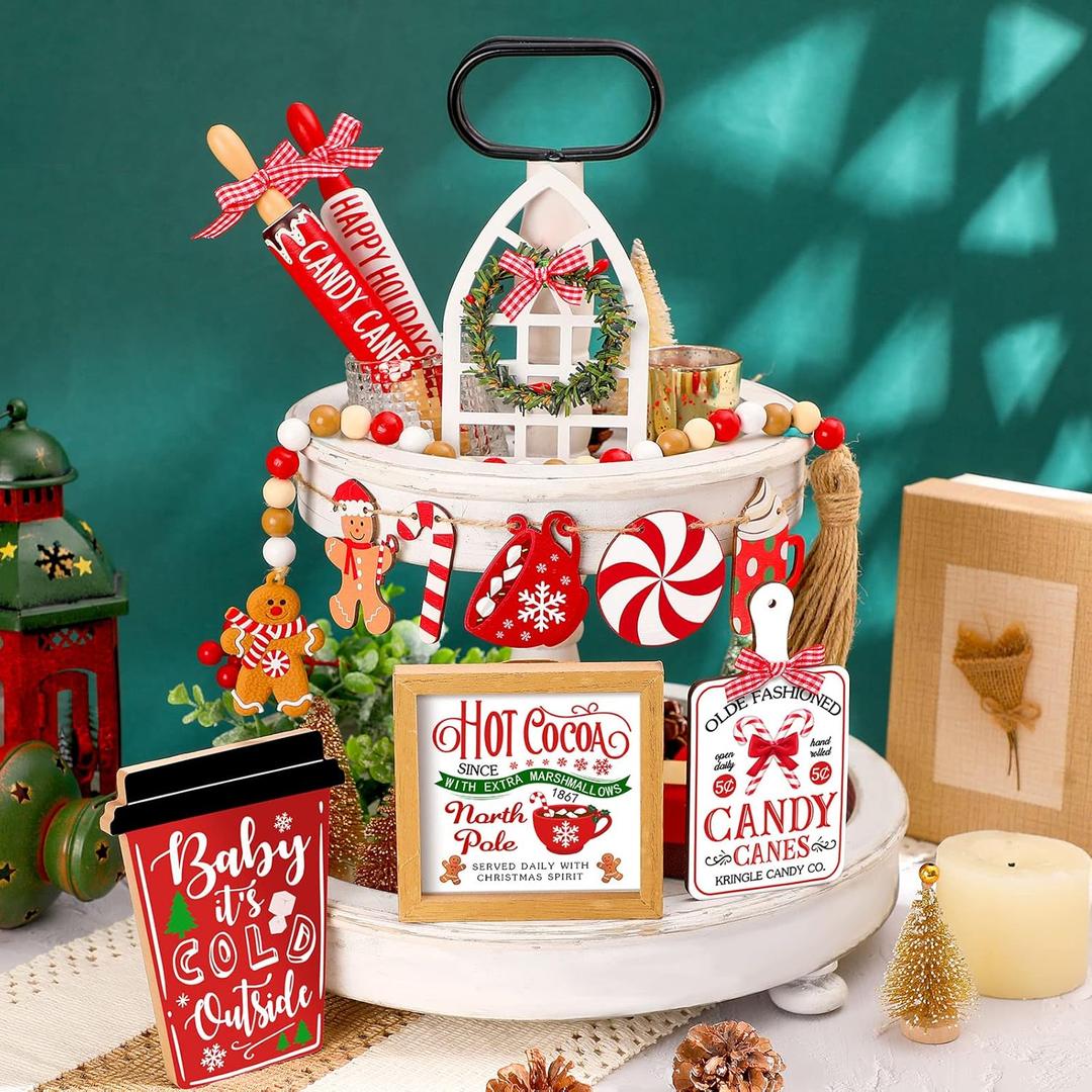 12 Pieces Christmas Tiered Tray Decor Farmhouse Hot Cocoa Decor Warm Winter Tabletop Wooden Block Sign Gingerbread Man Candy Cane Wood Bead Garland Holiday Table Centerpieces