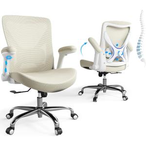 Office Home Ergonomic Desk Chair-Computer X-Shaped Chair Mesh PU Leather with Adjustable Lumbar Support-Executive Chair High Back Flip-Up Arms for Long Hours (Beige-No Headrest)