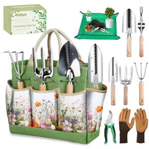 Garden Tools 9-Piece Heavy Duty Gardening Hand Tools with Floral Organizer Tote Bag, Rust-Proof Garden Tool Set, Thickened Repotting Mat, Gardening Gifts for Women Mom, Green