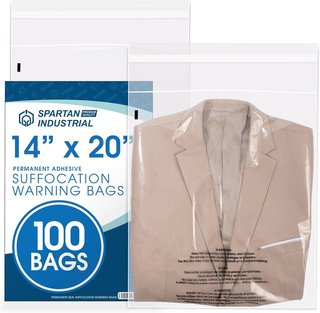 Spartan Industrial - 14 X 20 (100 Count) Self Seal Clear Poly Bags with Suffocation Warning for Packaging, Clothes & Shipping - Permanent Adhesive
