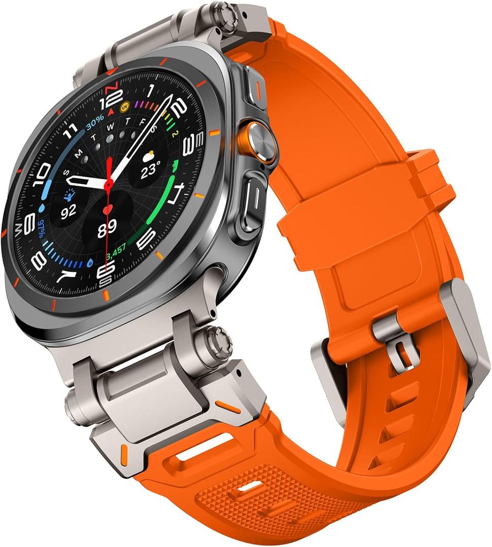 FULLIFE Compatible with Samsung Galaxy Watch Ultra Bands 47mm Accessories for Men Women, Silicone Rubber Bands for Stainless Steel Metal Connector No Gap Band for Galaxy Watch 7 Ultra (2024) (Titanium Adapter-Orange)