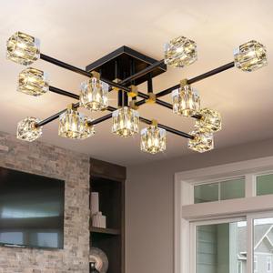 Semi Flush Mount Ceiling Light Fixture,13-Lights Modern Crystal Light Fixture,Black and Gold Modern Crystal Chandelier, Sputnik Chandeliers for Dining Room Kitchen Island Bedroom Living Room