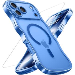for iPhone 17 Pro Max Case: [Cute Wave Frame][Fit for MagSafe] Military Drop Shockproof Protection, Camera Protective Glossy Slim Magnetic Wavy Phone Cover for Women Girls 6.9'', Clear/Blue