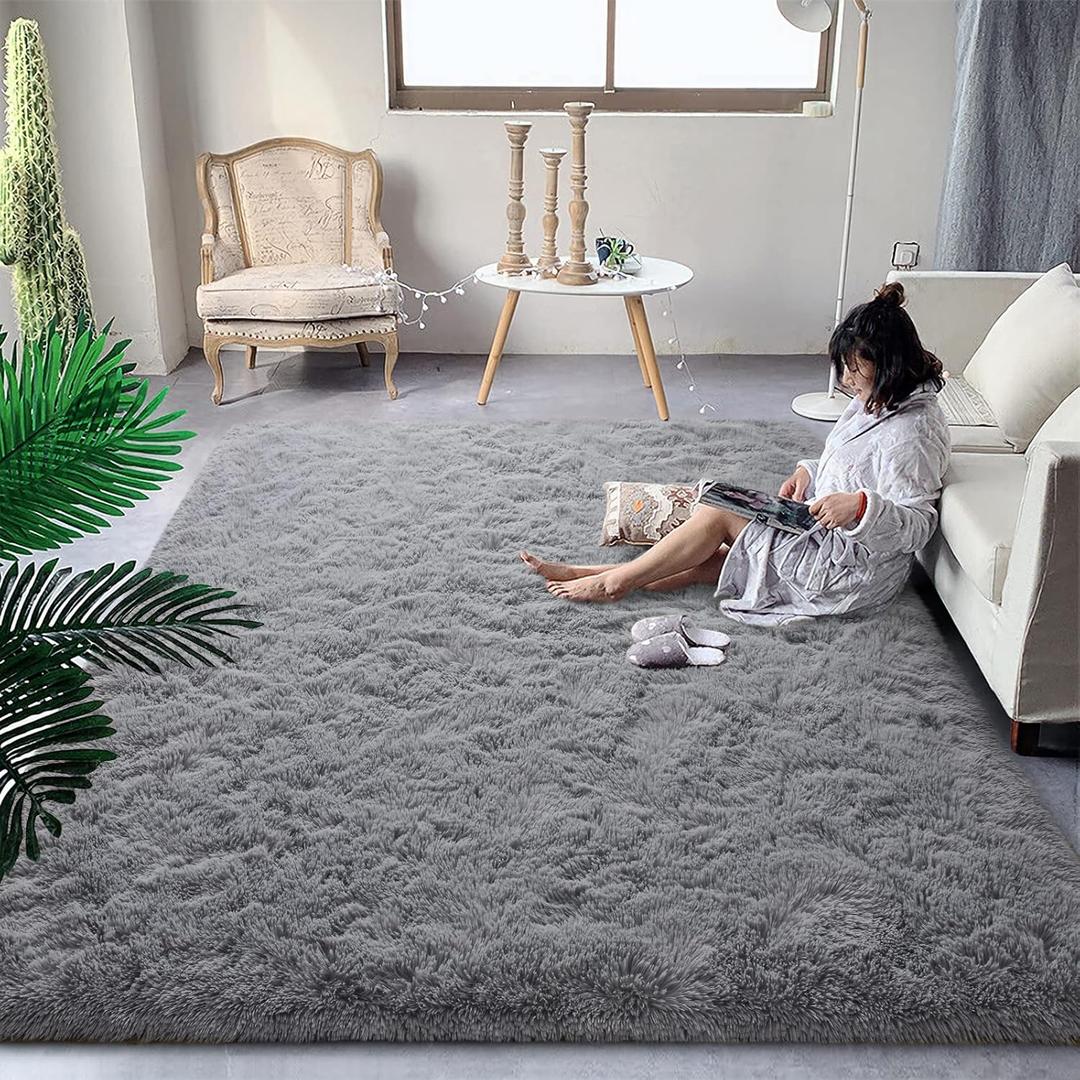 Fluffy Grey Rugs for Bedroom Living Room, 5x8 Feet Soft Plush Shaggy Light Gray Girls Boys Kids Rug, Non-Slip and Machine Washable Carpet for Dorm Nursery Classroom Decor