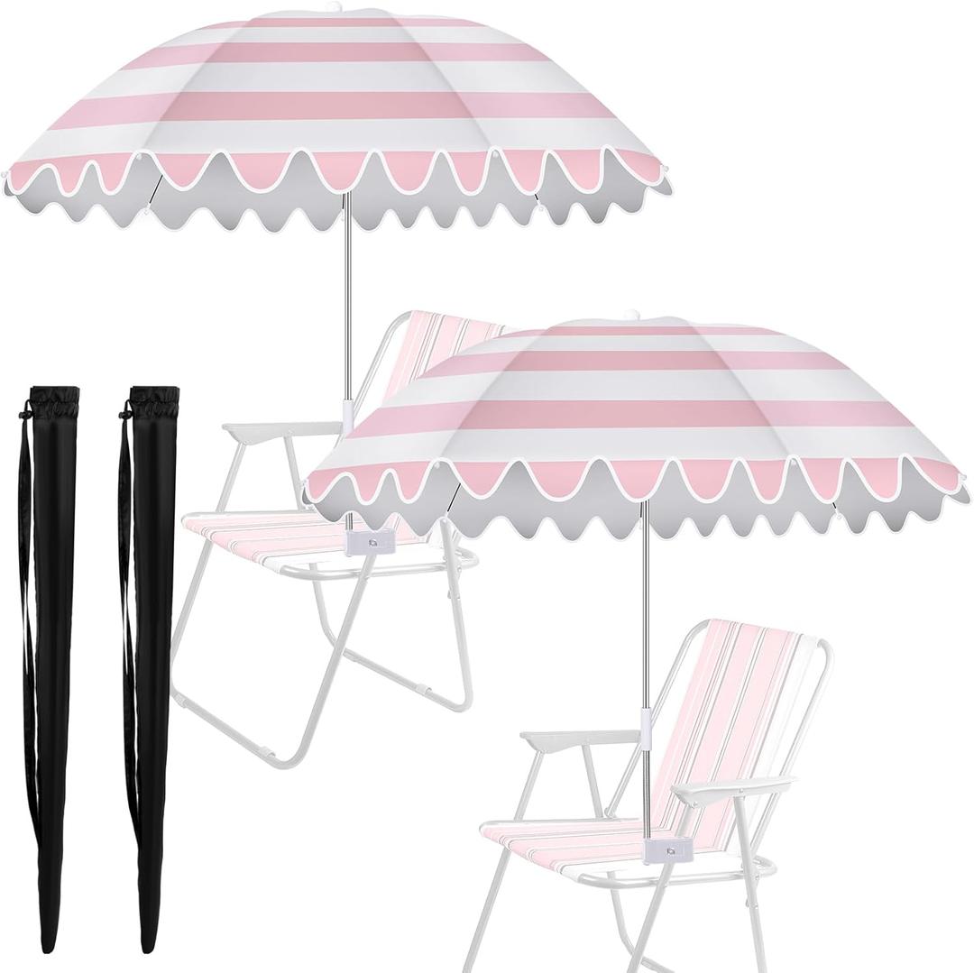 Abbylike 2 Pcs Scalloped Chair Umbrella with Universal Adjustable Clamp 38'' Portable Wheelchair Umbrella UPF 50+ Camping Chair Parasol with Bag for Outdoor Patio Lawn (Pink, White Scalloped)