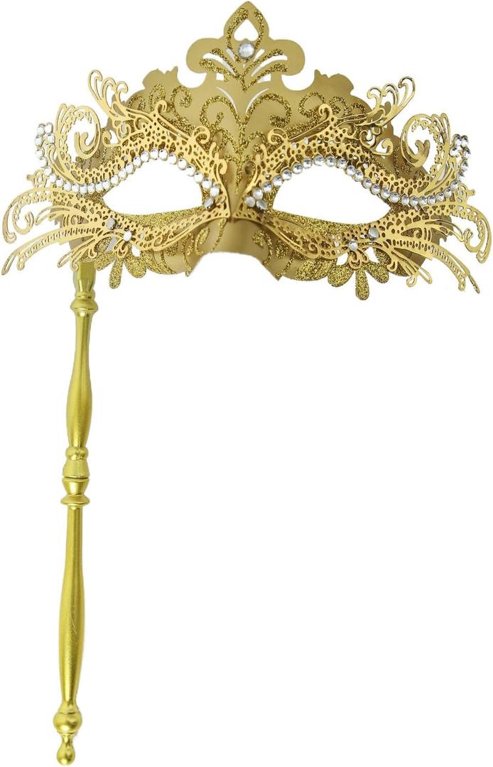 Masquerade Mask with Stick Mask Mardi Gras Mask Venetian Decorations Halloween Carnival Costume Mask for Women (Gold)