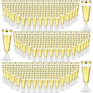 Gerrii 300 Pcs Plastic Champagne Flutes Bulk, 4.5 oz Clear Disposable Champagne Flutes, Rimmed Toasting Glasses for Wedding Birthday Anniversary Celebration Party Wine, (Gold Rim)