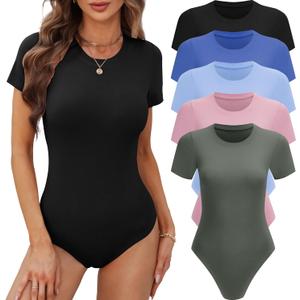BALENNZ Women's 4/5 Pack Short Sleeve Round Neck Bodysuit Tops Crew Neck Basic Casual Tshirt Bodysuits (Large, 5 Pack Black, Olive Green, Pink, Sky Blue, Royal Blue)