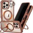 CENHUFO Privacy for iPhone 16 Pro Max Case, Compatible with Magsafe Full Body Phone Case Built-in 9H Tempered Glass Privacy Screen Protector and 360° Spin Magnetic Stand Ring Camera Lens Cover -brown