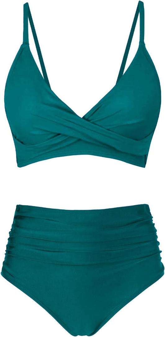 Women's High Waisted Bikini Sets Push Up Twist Front Spaghetti Straps Ruched Two Piece Swimsuit Bathing Suit (Medium, Teal)