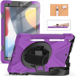 TSQQST iPad 9th Generation Case 10.2 Inch for Kids w/Screen Protector 2021 | Heavy Duty Rugged Cover with Pen Holder/Stand/Hand Shoulder Strap Case for iPad 8th 7th Gen 2020 2019-Purple