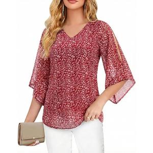 Uhiger 3/4 Length Sleeve Womens Tops V Neck Chiffon Blouse Dressy Casual Double Layered for Weekend Outings and Everyday Wear (Large, Malachite Green)