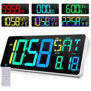 Large Digital Wall Clock Timer 13.5" Large Display  In 11 Color Modes LED Wall Clock with Temperature Day of the Week Clock Auto-Dimming for Home Gym Office 2 Groups Alarm 25 Music Ringtones