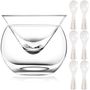 Sabary Glass Caviar Chiller Server Set Plus 6 Pcs 3.2 Inch Mother of Pearl Round Handle Spoons Caviar Serving Set Universal Martini, Wine, Liquor Cocktail Ice Cream Chiller Dishwasher Safe