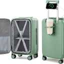 Hanke 20 Inch Carry On Luggage with Cup Holder and Charge,Top Opening Hard Shell Suitcases with Wheels and Dividers,Aluminum Frame Trunk Luggage Small Suitcase with Lock for Travel,Forest Green