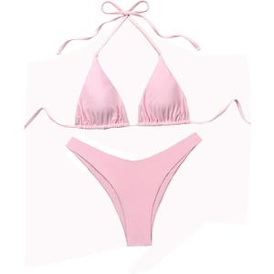 GORGLITTER Women's High Waisted Thong Bikini Set Halter Triangle Tie Back Swimsuit Bathing Suit (Pink, M)