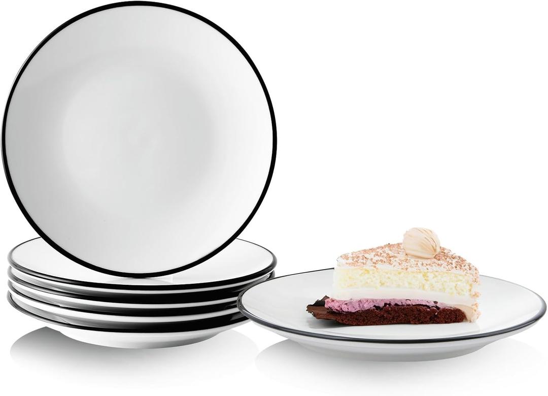 YOLIFE 6 inch Ceramic Dessert Plates, Porcelain Appetizer Plate, Small Tea Serving Dinner Side Plate for Cake Pie Snack with Black Trim, Set of 6