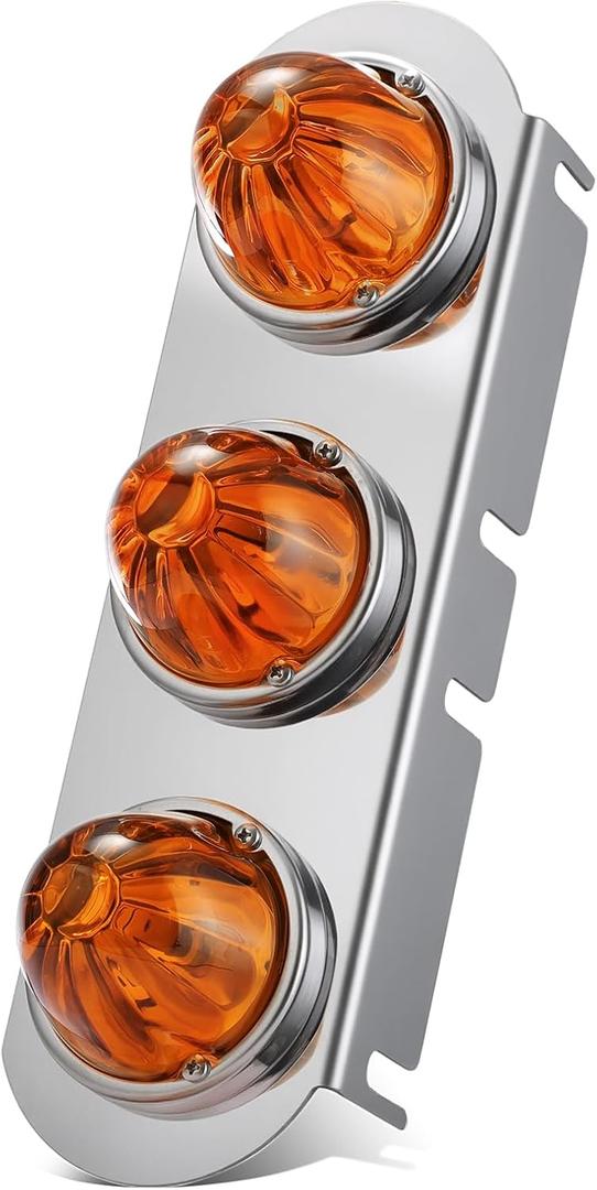 Partsam 1Pcs Radius-Style 14" Front Air Cleaner Light Bar with 3Pcs Glass Watermelon Lights, Stainless Steel Bracket, Compatible with Peterbilt Kenworth Freightliner Trucks, Amber Lens