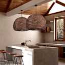 Arturesthome 1 Light Rustic Woven Rattan Pendant Light, Coastal Lighting Fixture, Vintage Farmhouse Lampshade Chandelier Hanging Ceiling Lamp Shade for Kitchen Island Dining Room W 15.7* H 11