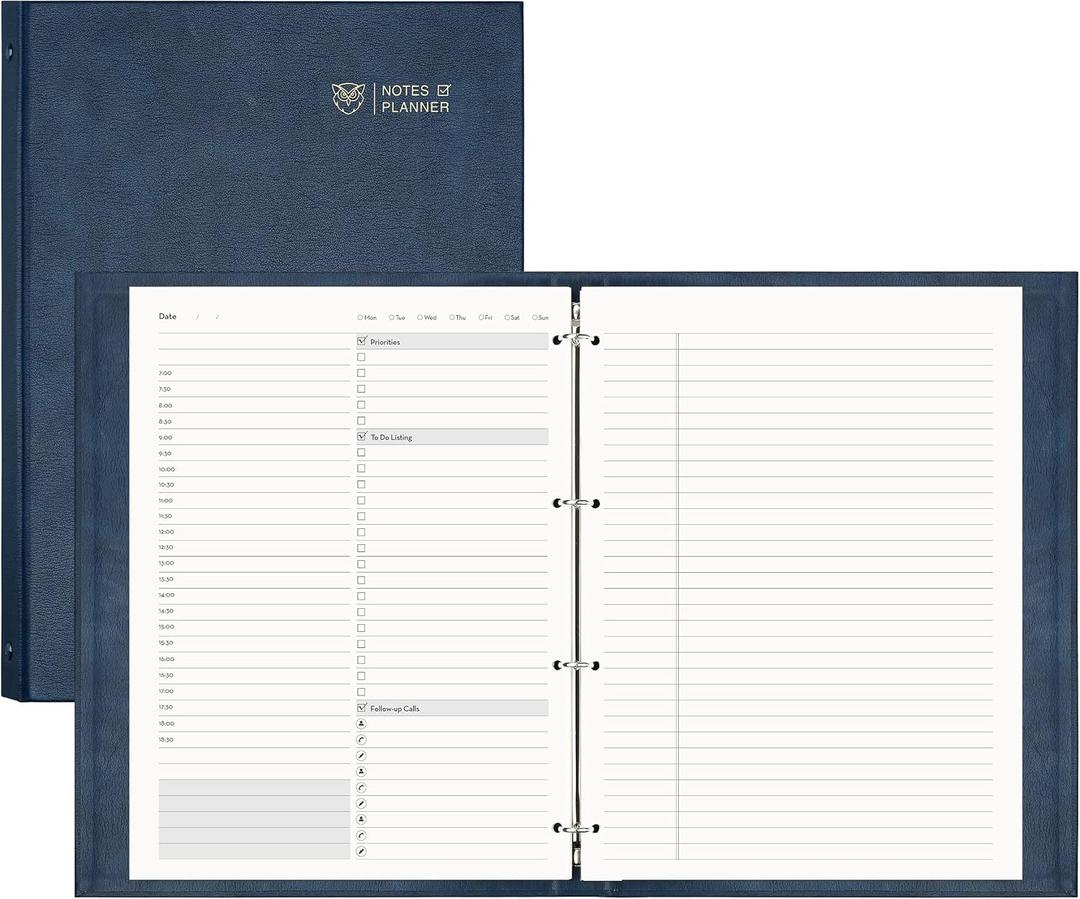 EMSHOI Undated Daily Planner 9.2" X 12", A4 To Do List Notepad, 240 Pages Ring Binder Planner Hardcover Leather Notebook for Work Business Meeting, with Yearly Schedule, Habit Tracker, Blue (8.5  11.5 inches (A4 compatible))