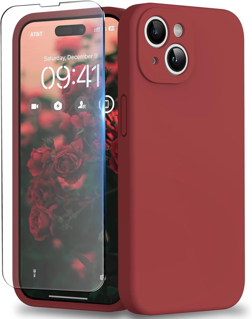 Compatible with iPhone 15 Case, Liquid Silicone Upgraded Camera Protection Case with Screen Protector Soft Microfiber Lining Shockproof Protective Phone Cover 6.1", Red