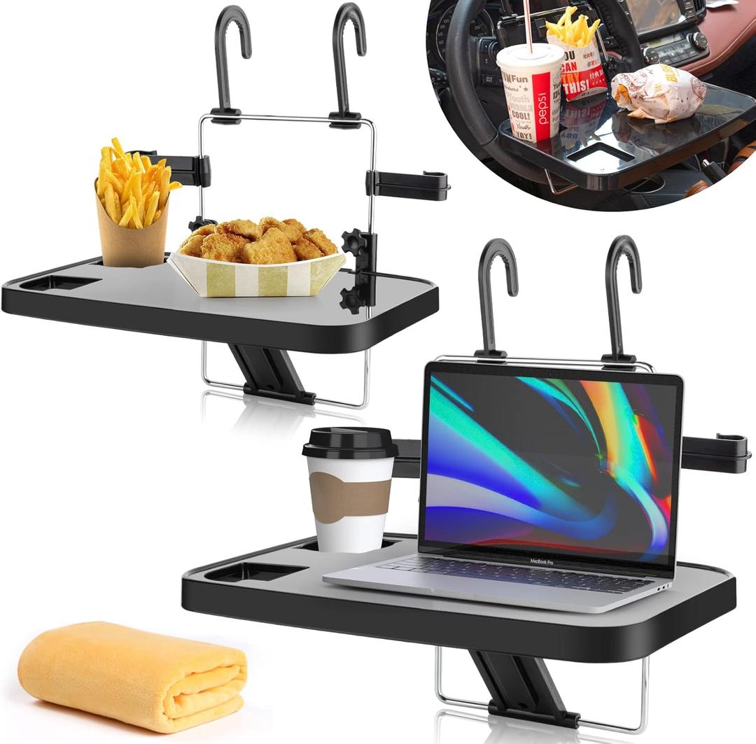 Foldable Car Seat Back Portable Tray for Food Dining Drink and Laptop, Hanging Car Steering Wheel Tray (2 Pack)