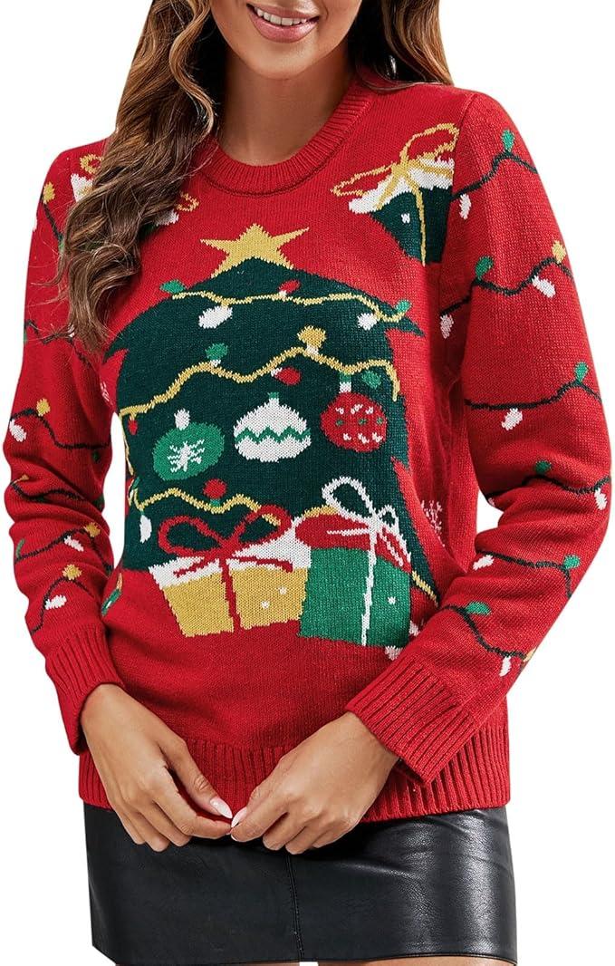 IFFEI Womens Ugly Christmas Sweater Novelty Print Crew Neck Sweater Pullover, Medium