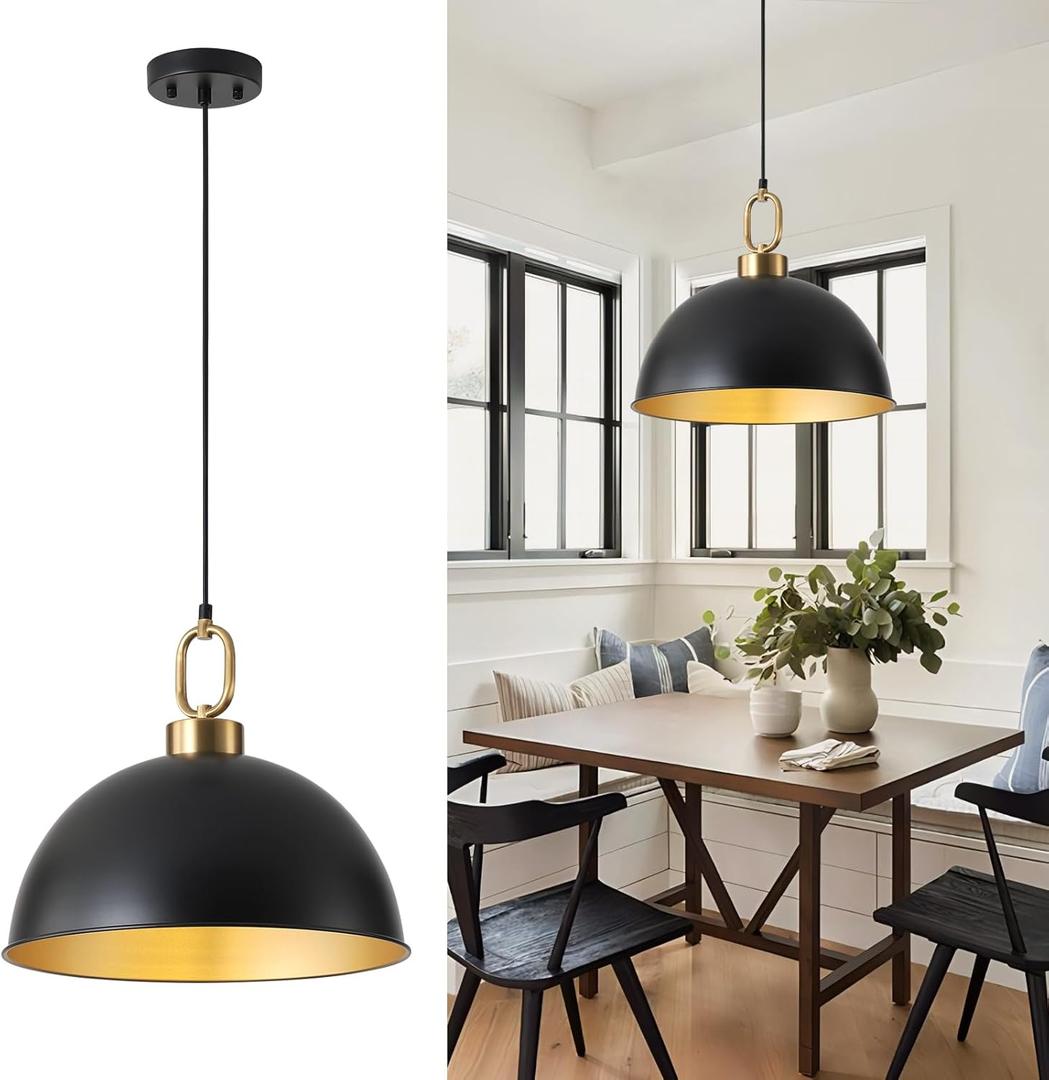 16.1" Large Farmhouse Pendant Lights Kitchen Island, Industrial Dome Pendant Light Fixture, Matte Black with Gold Handle Adjustable Height Hanging Island Light for Dining Room,Kitchen,Cafe