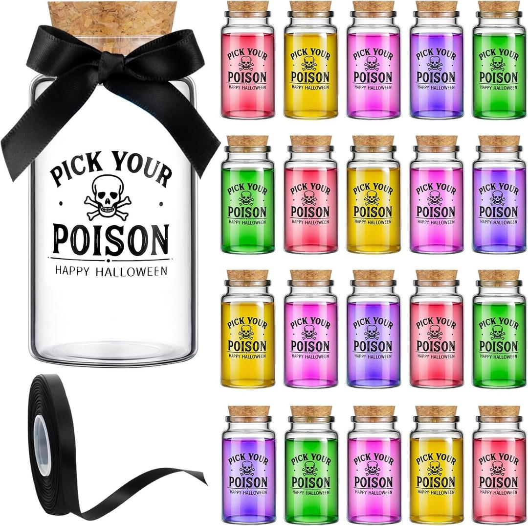 20 Pcs 120ml Halloween Glass Potion Bottles with Cork Stoppers and Ribbons Halloween Party Glass Bottles Bulk DIY Pick Your Poison Jars Small Spell Jars Spooky Party Favors for Guests