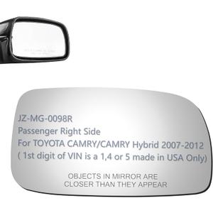 JZSUPER Side Mirror Glass fit for 2007-2012 Toyota Camry/Camry Hybrid Passenger Right Side RH Convex, Including Adhesive (made in USA Only)